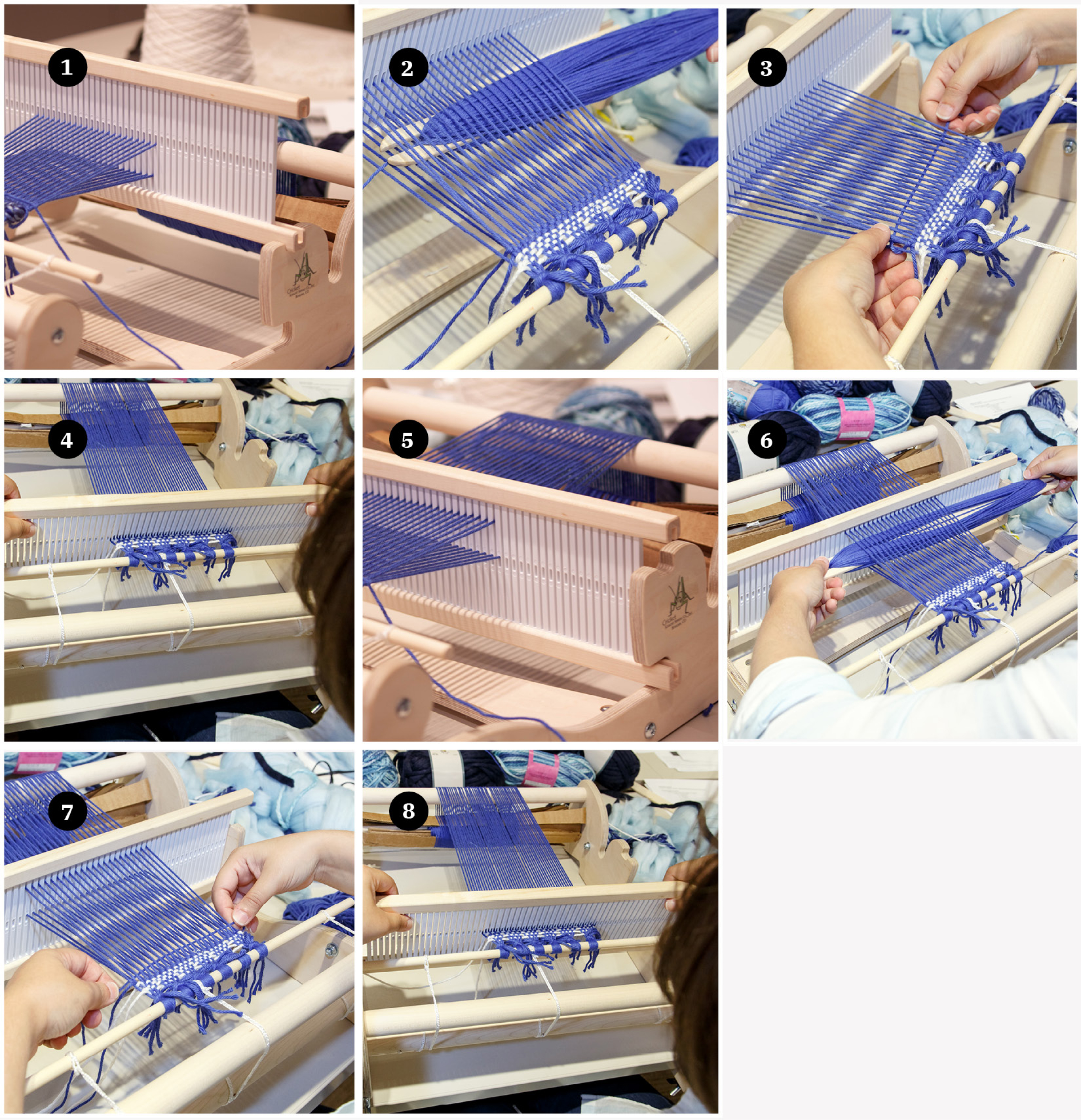 Composite of eight images showing various stages of weaving.