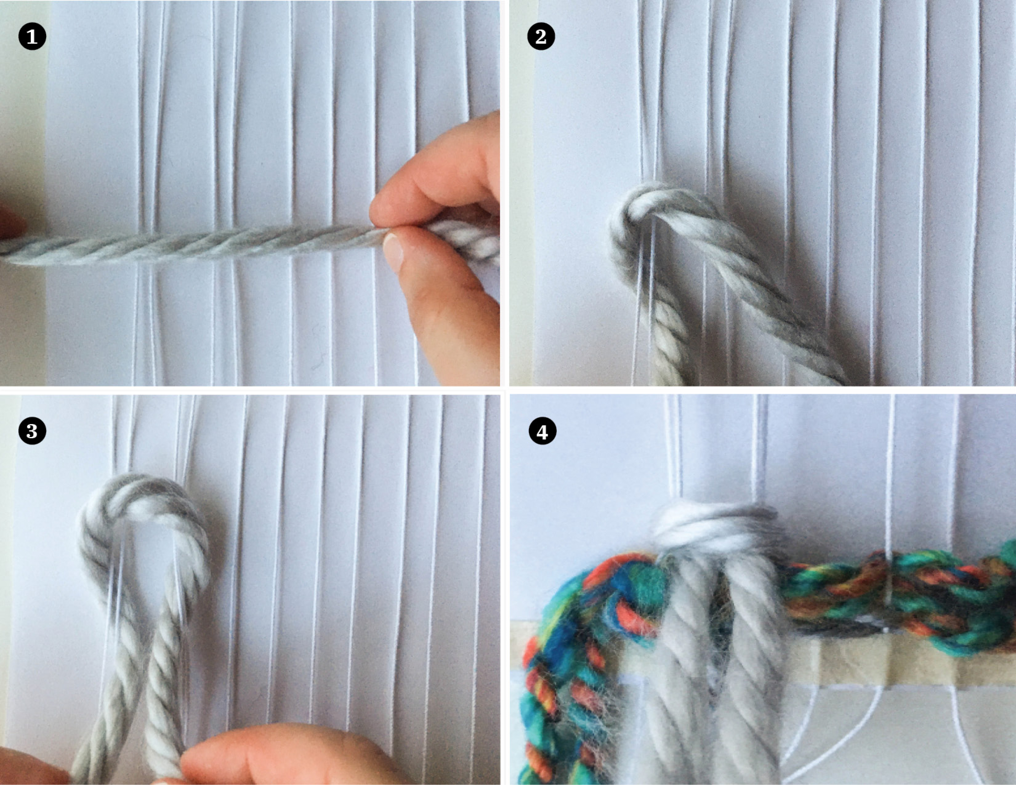 Composite of four images showing various stages of weaving.