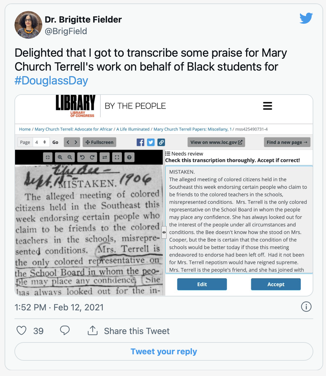 screenshot of tweet from Dr. Brigitte Fielder