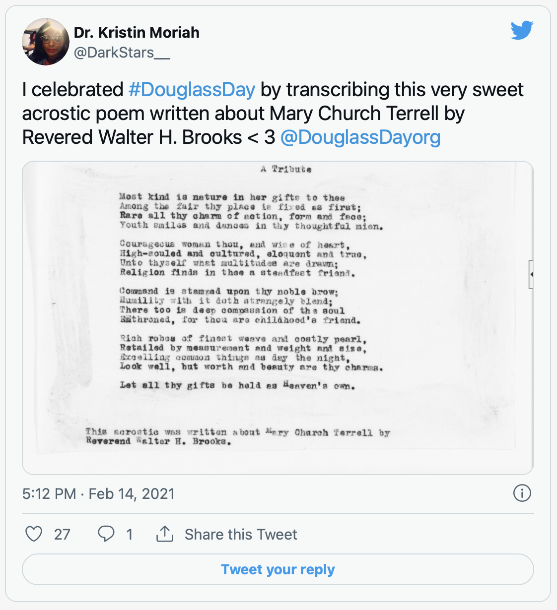 screenshot of tweet from Dr. Kristin Moriah