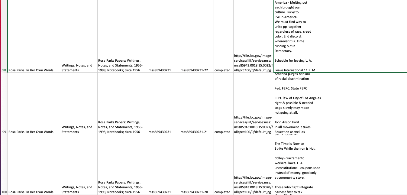 Screenshot of bulk dataset from Rosa Parks Papers in By the People project.