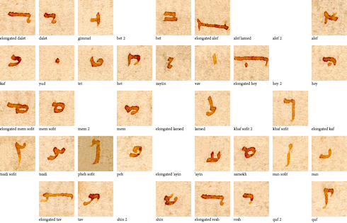 A chart showing individual cropped Hebrew characters in Byzantine Minuscule script.