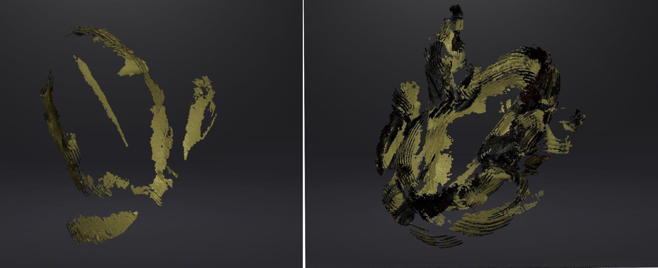 Two views of sketchy digital textures that barely hint at the contours of a frog.