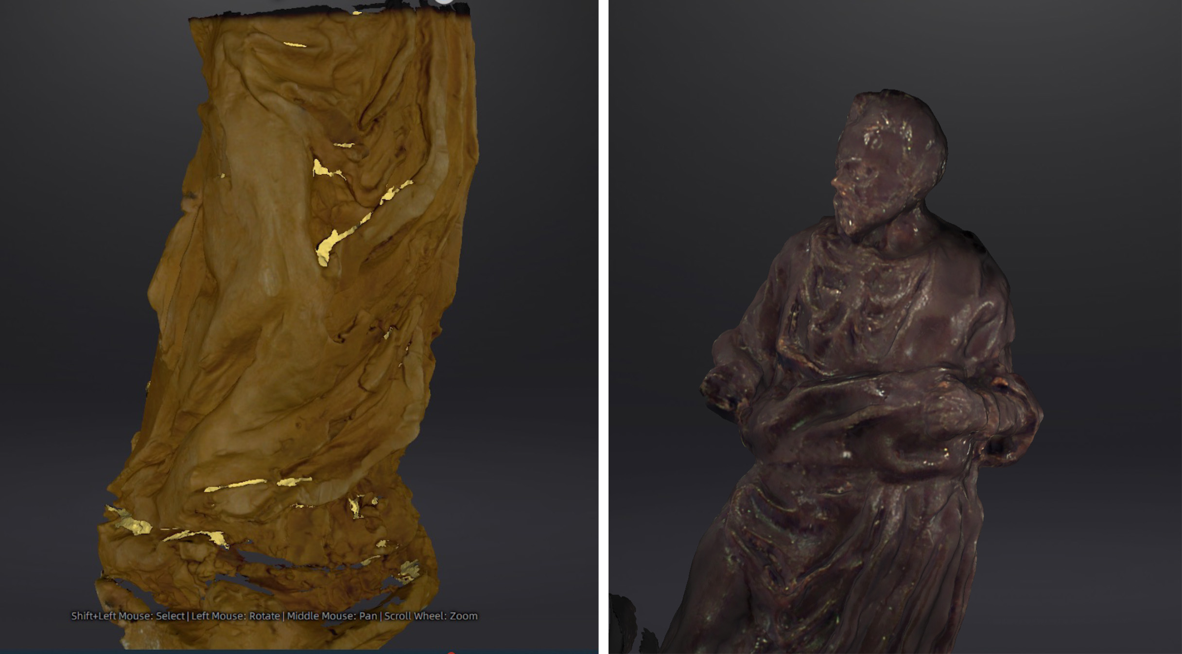 Two views of a digital scan of a robed figure. The scan on the right is of much higher quality, showing some of the statue's color and texture.