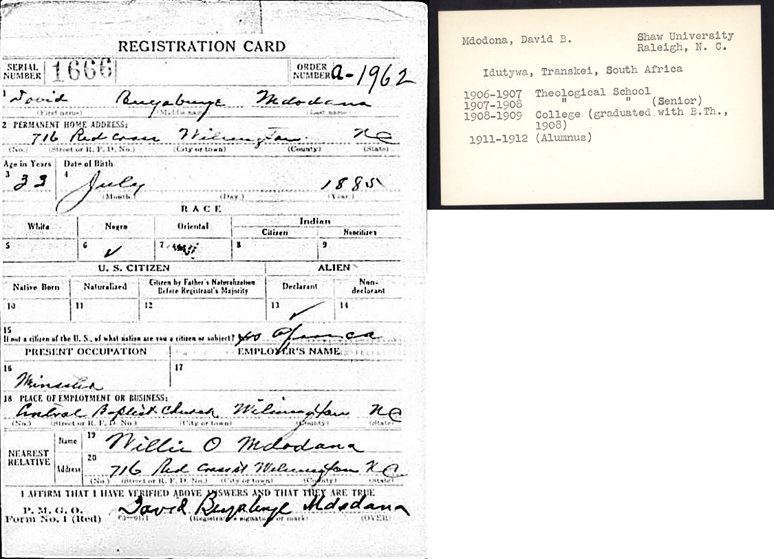 Two documents side by side, a registration card and a typewritten index card.