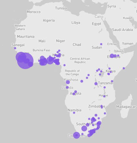 A map of Africa with purple dots along the western and southern coasts.