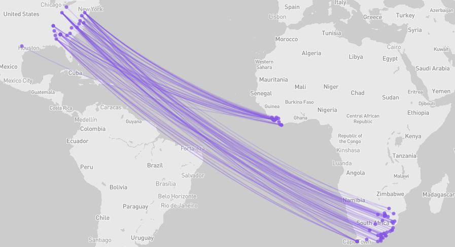 A map of the Atlantic Ocean criss-crossed by purple lines joining the western and southern African coasts with the eastern U.S. coast.