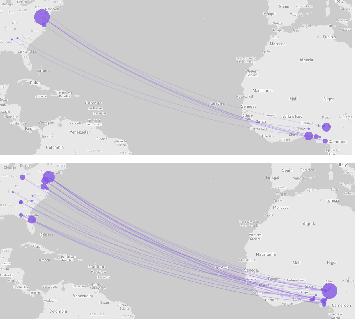 Two maps of the Atlantic Ocean criss-crossed by purple lines between the western African coast and the eastern U.S. There are far more lines in the second map.